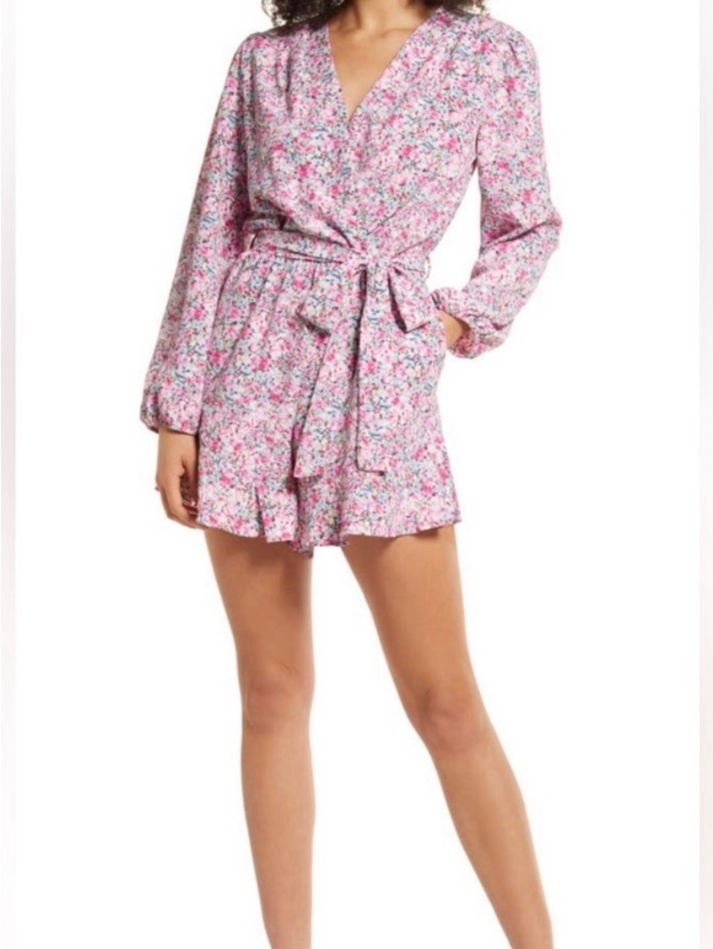 Floral Tie-Waist Long-Sleeve Pink Romper